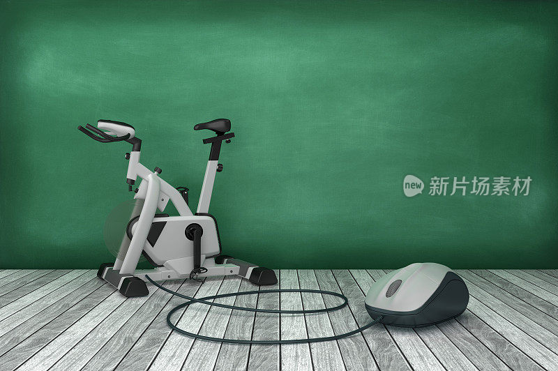 运动自行车与电脑鼠标在黑板上- 3D渲染